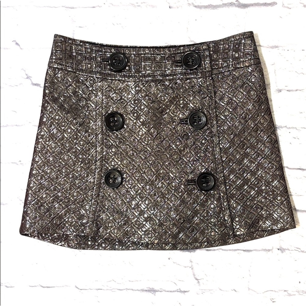 Express Design Studio Shiny Silver Black Mini Skirt Button Front Y3K Size 0